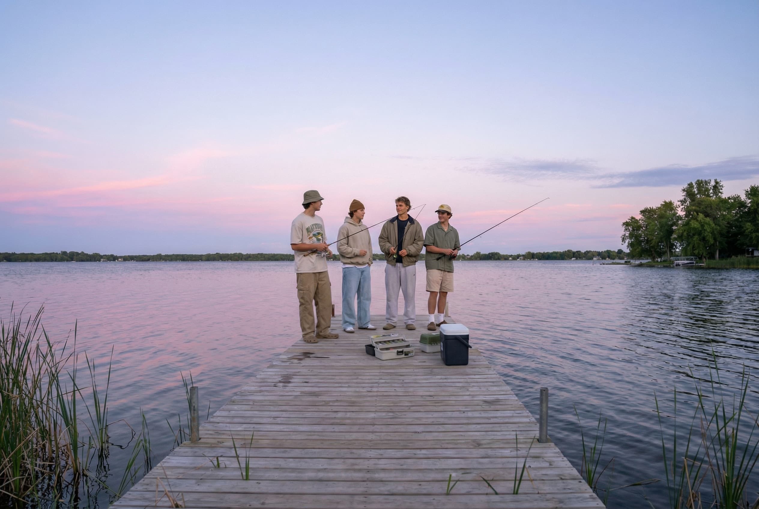 Venner på en bro ved vandet i solnedgang